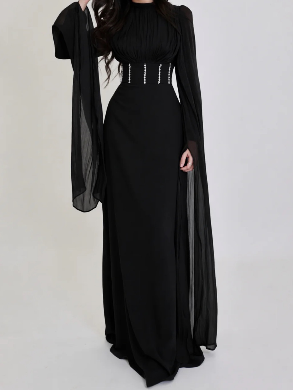 Elegant Black Maxi Gown With Sheer Draped Sleeves